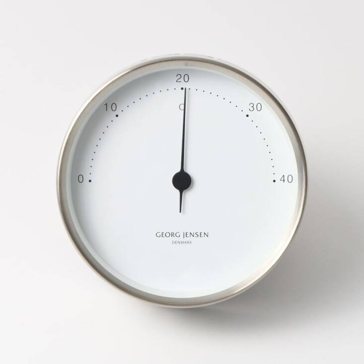 Stainless steel, with a white dial, the \10-cm Koppel Thermometer By Georg Jensen displays temperatures in Celsius; suitable for indoor or outdoor use. It\2\17;s £83.00 at W. Hamond.