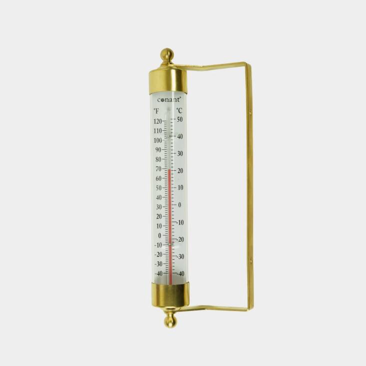 This Brass Indoor/Outdoor Thermometer is available in 8\243; and \24\243; sizes through Gardenheir (for \$60 and \$\208); the \1\2\243; size is \$98 at Terrain.