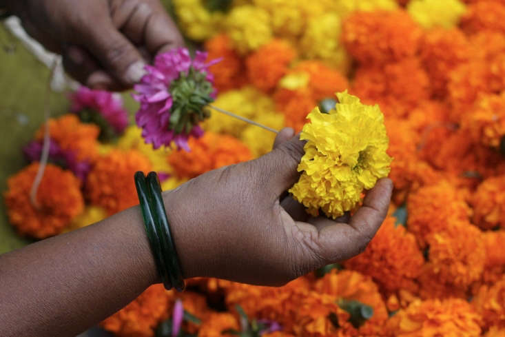 Stitching flower garlands in Bombay. Photograph by Meena Kadri via Flickr.