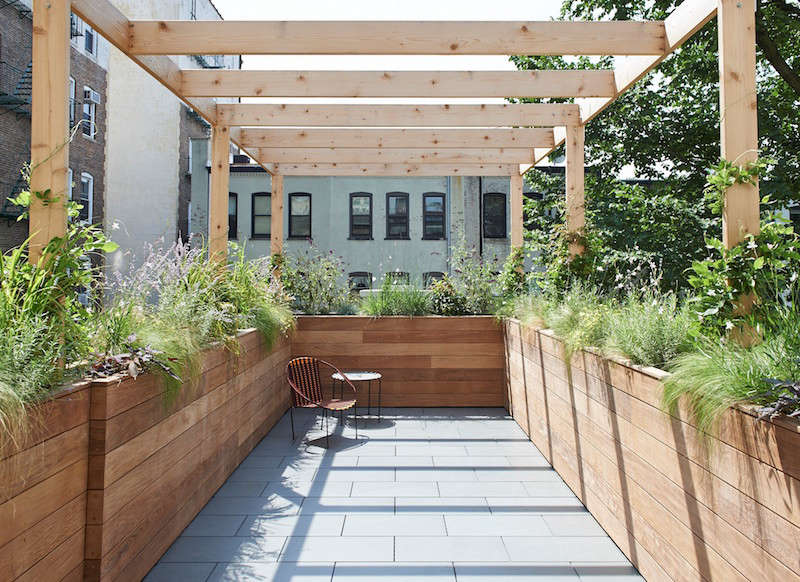 Mabbott Seidel Architecture in New York designed a terrace above the backyard of a Park Slope, Brooklyn home. It has a border of ipe wood planters tall enough to act as privacy barriers; a cedar trellis overhead will eventually be covered by vines and climbers. &#8\2\20;We like the combination of hard and soft materials,&#8\2\2\1; said Matt Seidel.