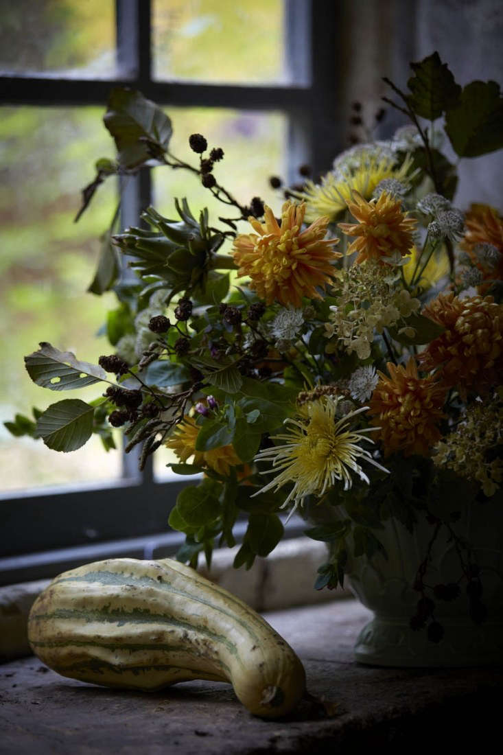 Something for late autumn. Orange and pale yellow chrysanthemums mix with white astrantia, branches of alder, and all manner of gourds and squashes.
