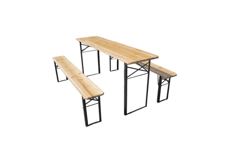 a bier garden set includes an 86.6 inch long table and two benches. it is avail 17