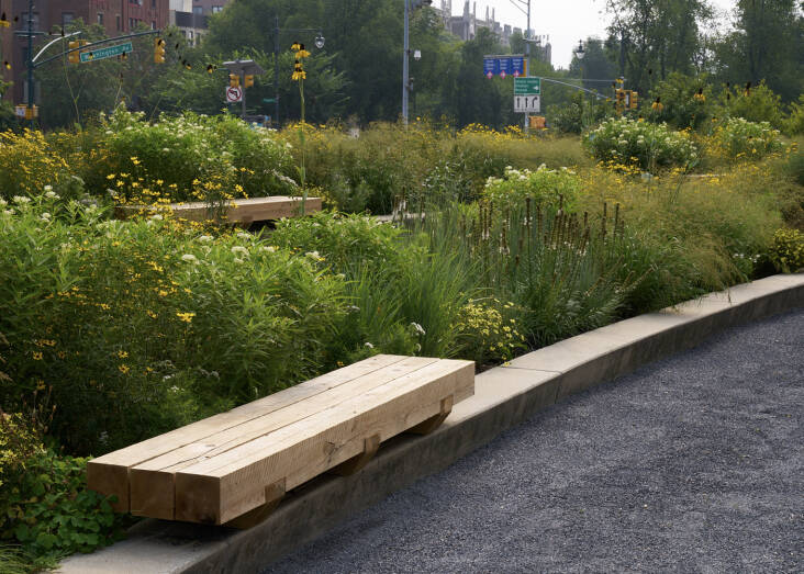Brook Landscape built the benches from basic 8&#\2\15;8 pieces of lumber. Milkweeds, including butterfly milkweed (Asclepias tuberosa) and swamp milkweed (Asclepias incarnata ‘Ice Ballet’), are planted close to each of the benches to put people and butterflies into close contact.