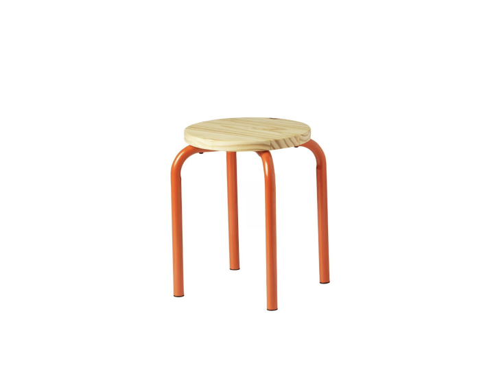 This happy little stool with a pine top and metal legs is meant for indoors, but we think it would look delightful on a covered patio or deck as a side table or extra seating. It\2\17;s available in orange (pictured) and lilac. Shop now.