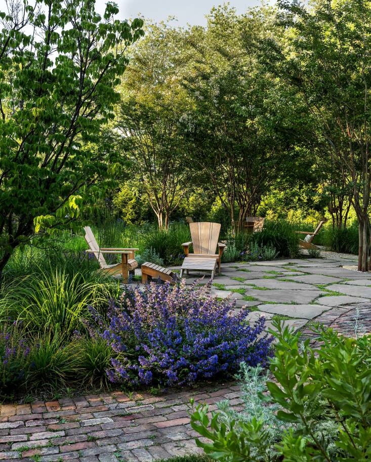 The homeowners wanted to keep the brick path, so Szalinksa conceived of a design in which the irregular bluestone pavers meet the brick. “It\2\17;s a very nice contrast of this old brick and this very natural, irregular bluestone,” she says. Nepeta \2\16;Six Hills Giant\2\17; is tucked into a corner between the two hardscape materials.