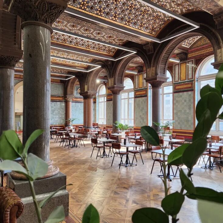 \2\20;Heads up! If you ever find yourself in West Yorkshire, in the UK, the magnificent Tiled Hall Café in Leeds Art Gallery is a must-see Victorian gem. Originally the main library room, then a sculpture court until \194\1, the Hall was restored to its former glory in \2007. And what a difference that made. I\2\17;m always in awe of the intricate details, patterns, and colours of the beautiful ceilings, columns, and tiles hidden by shelving during the \2\17;50s and \2\17;60s—a feast for the eyes and palette.\2\2\1; \2\1\1; Deborah Eydmann; photograph from Leeds Art Gallery