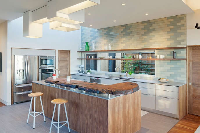 Kitchen with natural wood counter at Sea Ranch by Gamble + Design.