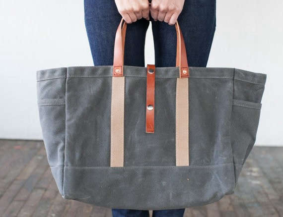 No. 175 Tool / Garden Tote in Slate Waxed Canvas & Russet Leather