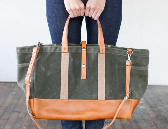 No. 175 Leather Bottom Tote with Olive Twill Waxed Canvas