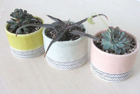 Pinched Porcelain Cup Planter with Herringbone