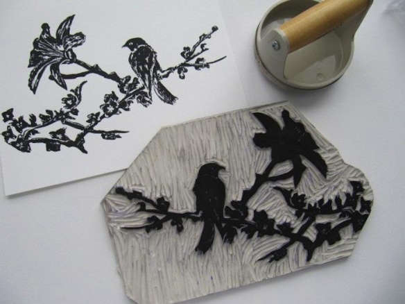Sparrow Linoleum Block Print