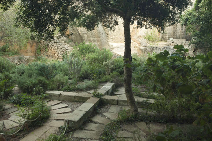 Un jardin méditerranéen aménagé dans une partie désaffectée d'une carrière encore en activité, aux Baléares.