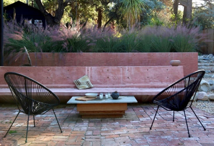 A brick patio featuring a double basketweave pattern. Photograph by Gillian Steiner for Gardenista, from Pretty in Pink: An Artist&#8217;s Dry Garden in LA&#8217;s Topanga Canyon.