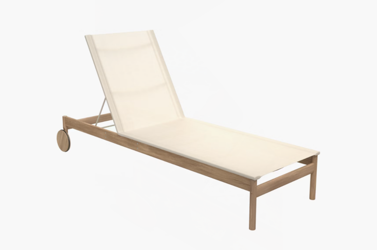 The Pelagus Sunbed is designed by Stockholm-based Note Design Studio for Fritz Hansen. The seat features Sunbrella Sling, a weather-resistant textile. It