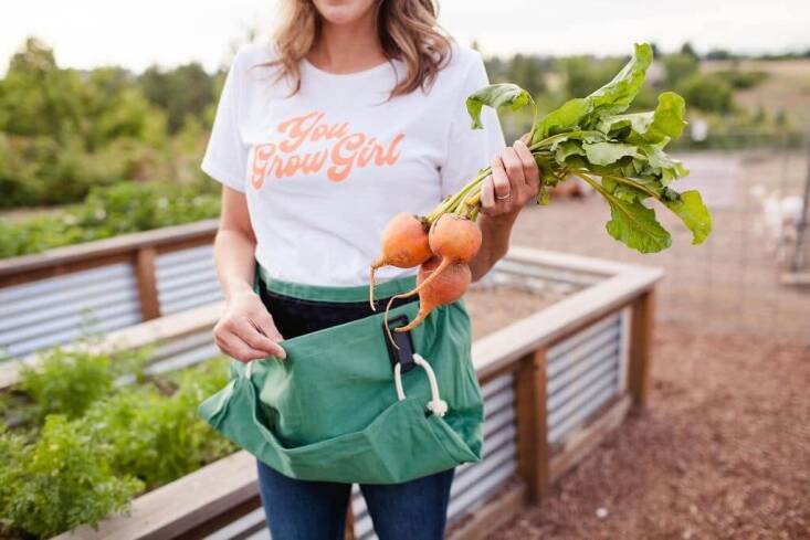 &#8\2\20;This gardening pouch is great for harvesting apples to zucchinis and everything else in between. I like having two hands free to harvest tomatoes and it&#8\2\17;s easier on my back too!&#8\2\2\1; The Joey Apron is \$35.95.