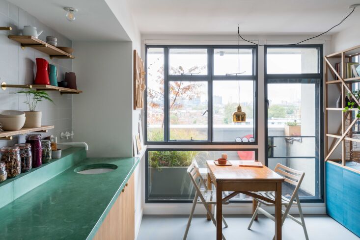 Colored concrete in architect Ben Allen&#8\2\17;s London kitchen. Photography by French + Type, courtesy of Studio Ben Allen, from Kitchen of the Week: An Architect’s Colorful “Modern Cottage” Kitchen in a London Highrise.
