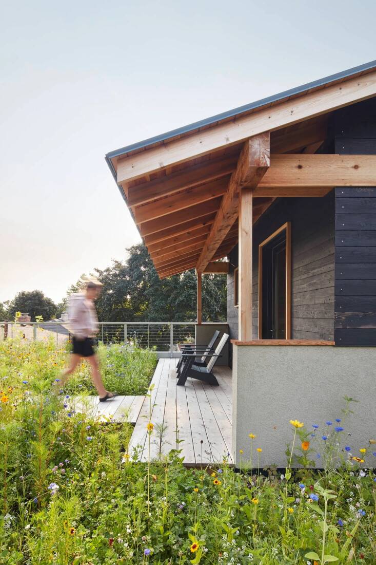 Sala Architects found space on top of an extra-large garage for a sauna and green roof. The materials for the green roof were sourced by Omni Ecosystems, which the homeowners chose for its soil-science approach to creating a lightweight, low-maintenance green roof. Photograph by Gaffer Photography, from Sauna Culture: A Rooftop Oasis (and Wildflower Meadow) in Minnesota.