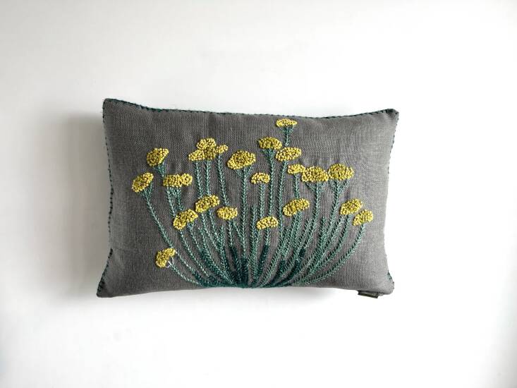 Marie is eyeing &#8\2\20;Casamento&#8\2\17;s exquisitely embroidered pillows and furniture, depicting native South African flora.&#8\2\2\1; Pictured is a flax linen pillow featuring Helichrysum petiolare (Kooigoed) and stuffed with alpaca wool and natural rubber latex. The Blombosse Collection pillows start at R3,\105 (about \$\167 USD); can be shipped internationally.