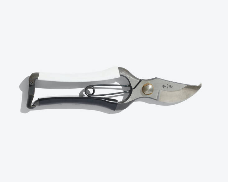 Drop-forged carbon steel Higurashi secateurs, with fashion-forward black and white handles, made in Sanjo, Japan.
