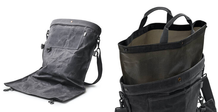 What makes this bag so great: a drop-out bottom (at left) and a removable waterproof liner (at right).