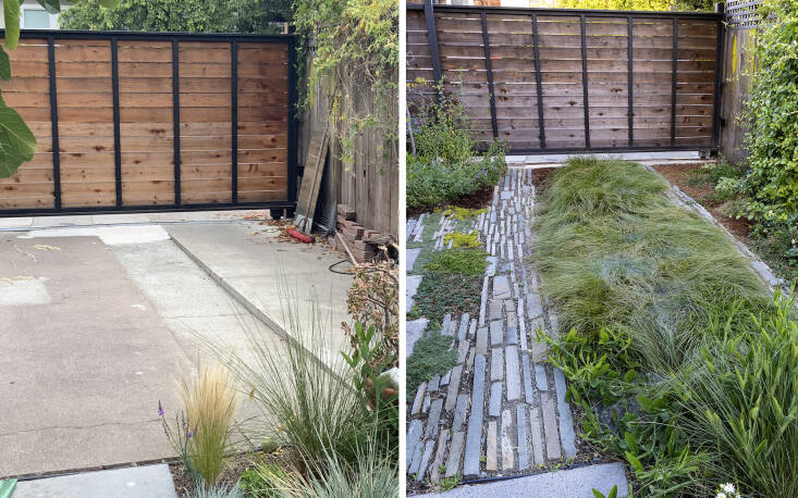 Before and after—Mariposa Gardening & Design replaced this concrete driveway in Berkeley with a permeable design that created room for many new plants, including a mixture of creeping thymes and native strawberries.