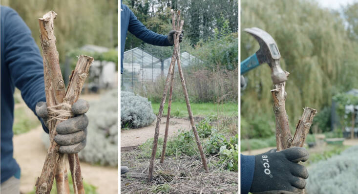 Gaffney demonstrates how to create the frame for the bug snug. Stills from video by Will Hearle for OmVed Gardens.