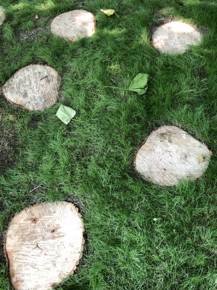 Wood “pavers” on Edwina von Gal’s property. She digs about three to four inches deep, embeds the tree slice into the ground, and then fills in the area around them.  Photograph by Melissa Ozawa.