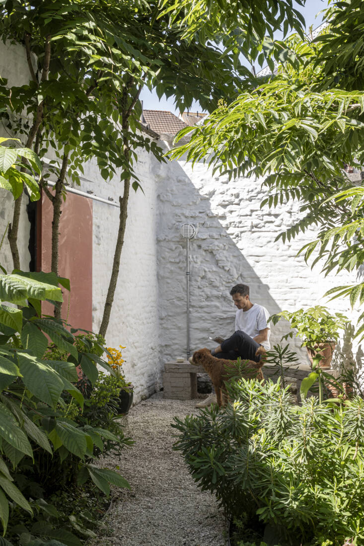 Both the coral-colored door and the sconce were bought secondhand from Rotor Deconstruction, a Belgian company that specializes in salvaged materials.