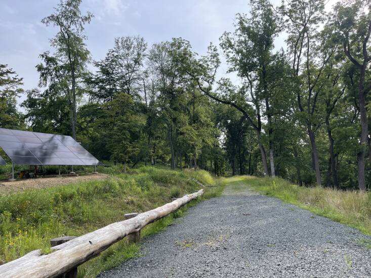 “Water management and the topography led our farm design. Our farm access terrace was engineered with a 10 percent pitch towards a channel along the length of the road leading to the spillway that has a French mattress to allow stormwater to perk back into the Earth. A detention basin below the spillway further slows water as it heads downslope,” says Logan.