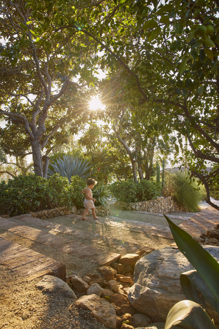 Patrick terraced his garden into smaller patios, with walls lined with sandstone from the property and steps fabricated from handmade Mexican bricks.