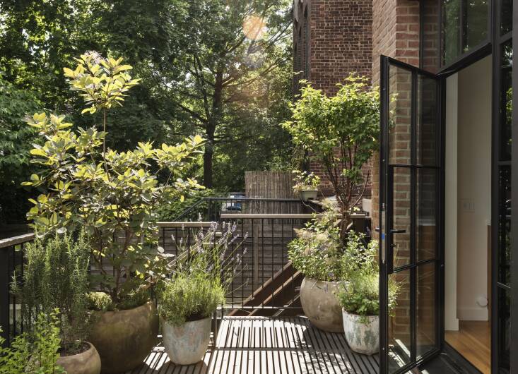 The parlor floor deck features an abundance of aged terra cotta pots planted with herbs, trees, (including a smoketree at left), grasses, and flowering vines. Farris notes that all the plants “soften” the architecture. The dining table and chairs are from Fermob.
