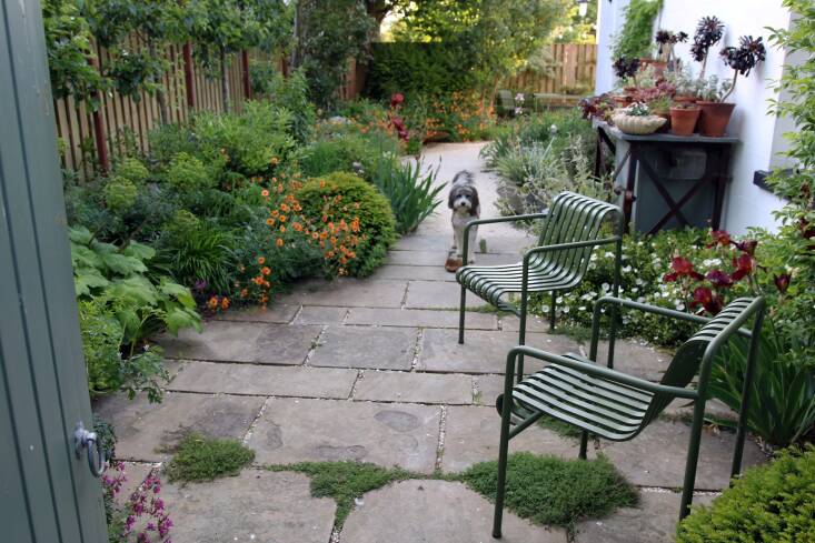 Note how Morton cleverly concealed an external oil boiler (at right) that dominated the view along this arm of the garden. Morton designed  what he calls a \2\20;collector’s table,” a reclaimed slate table top with custom-made corten legs, to hold the clients\2\17; potted sun-loving plants. 