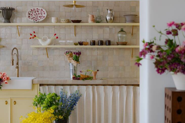 The tiles are Moroccan zellige from Tiles of Lucca, a New Jersey company Kelsie chose because she could drive  to pick them up and \2\20;make sure the color variations all work.\2\2\1; The pale yellow cabinets are painted Farrow & Ball\2\17;s Bombazine.
