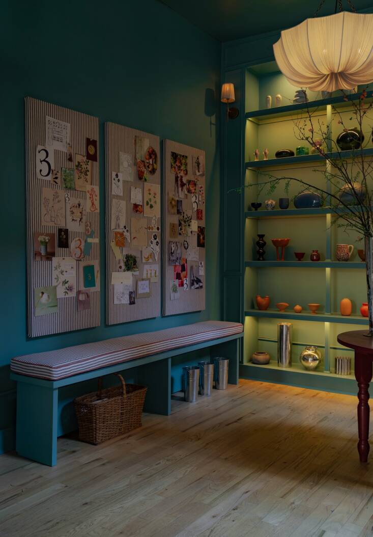 The pantry, also known as the Blue Room, is painted Farrow & Ball\2\17;s Sugar Bag Light. Kelsie is a visual thinker who swears by mood boards and recruits people who understand her ways: rather than supplying her go-to builder, Jeremy Hogeland, with plans, she had an illustrator on the Popup Florist team sketch her ideas and he worked from her drawings.