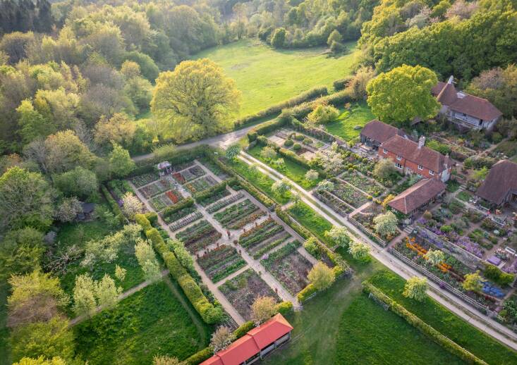An overhead view of the orderly and productive gardens at Perch Hill in spring. Photograph by Jonathan Buckley.