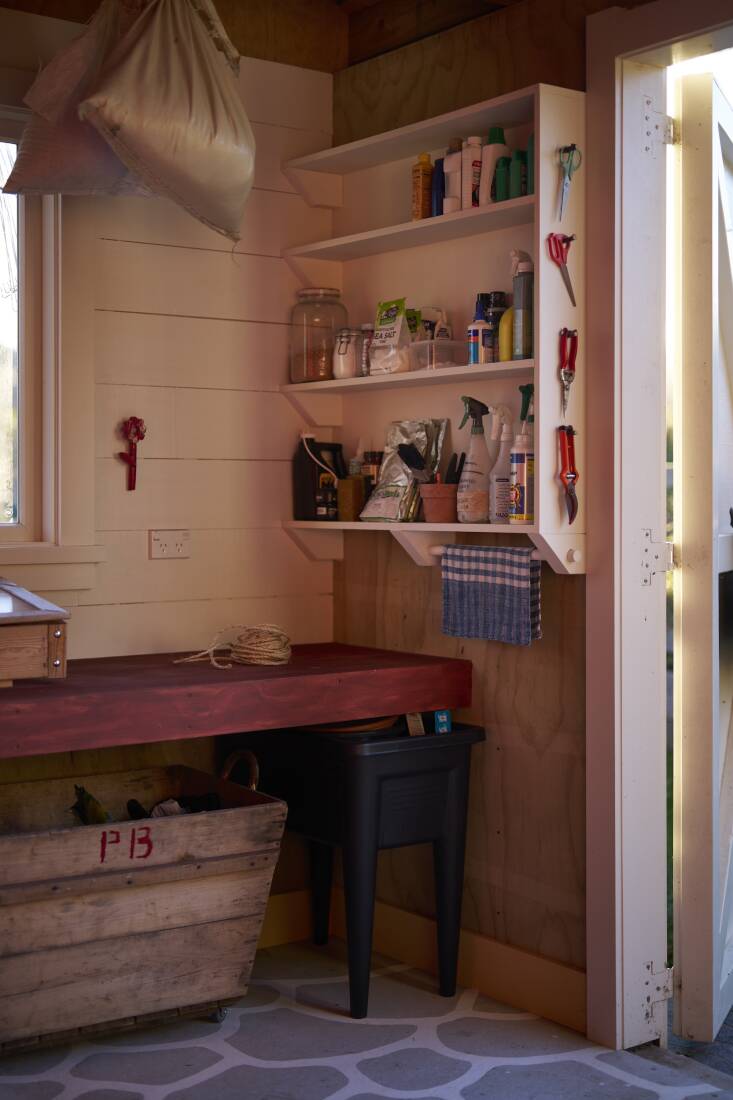 \2\20;I tried to find an existing shelf for Hadleys\2\17; garden sprays and potions but ended up building one to spec. We added a little towel rail,  along with little plum wood sticks to hang scissors and secateurs,\2\2\1; says Leanne. Hanging from the rafters are bags of \2\20;our grass seed, which we are using to restore wild meadows around the property,\2\2\1; explains Hadley.