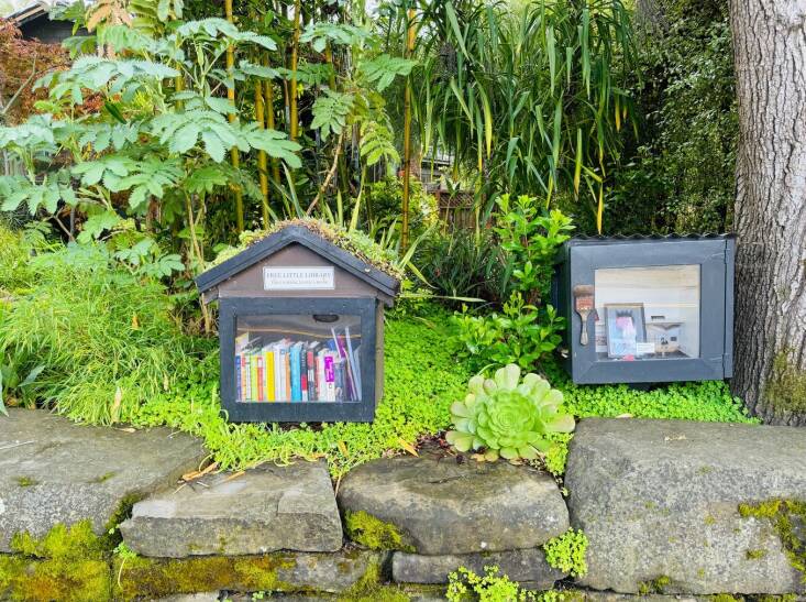 Our free library with a living roof and our free art gallery are a rewarding addition to our garden. The large flat rocks provide the perfect perch for people to rest.