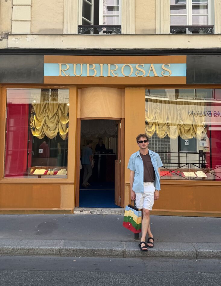  Above: \2\20;I got a lemon sherbet-colored button down with black piping at Rubirosa\2\17;s in Paris and was equally enamored with the colorful interior by Louis-Charles Aka. Bring back balloon shades!\2\2\1; \2\1\1; Nick Spain