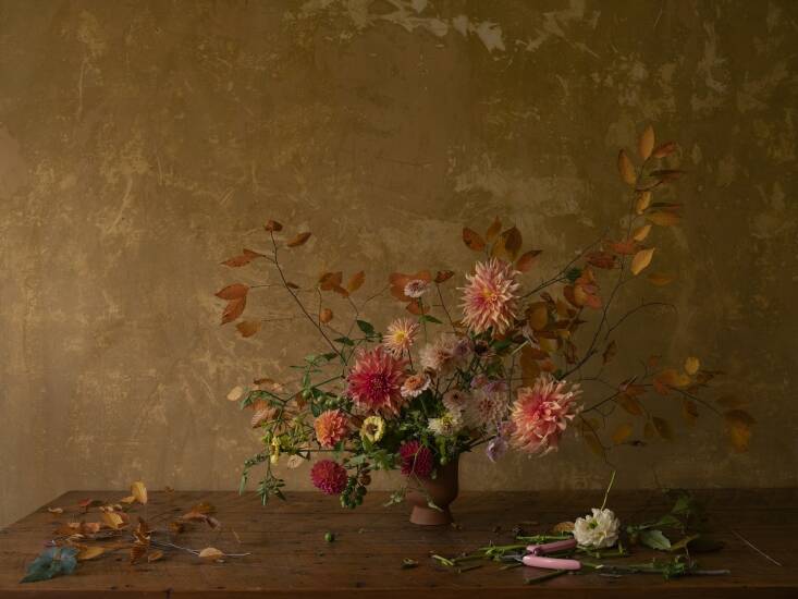 \2\20;One of my favorite things about putting together a fall floral arrangement is taking advantage of the turning leaves—the rich golden hues of the changing foliage and the branches add incredible movement and drama. Fall arrangements are, by nature, a swan song of sorts—using the last of the blooms and the garden before the first frost takes them is the best kind of poetry. Here, the last of the dahlias and zinnias keep company with not-yet-ripened sungolds on the vine and some fall branches.\2\2\1;