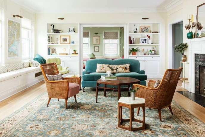 Indigo & Ochre Design Brooklyn Heights Promenade living room with antique Tabriz carpet & vintage cane chairs