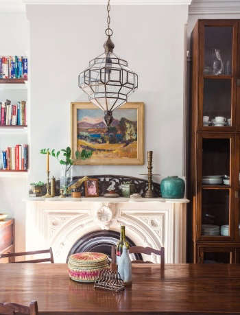 Indigo & Ochre Design Prospect Heights Brooklyn brownstone dining room with L'aviva lantern chandelier