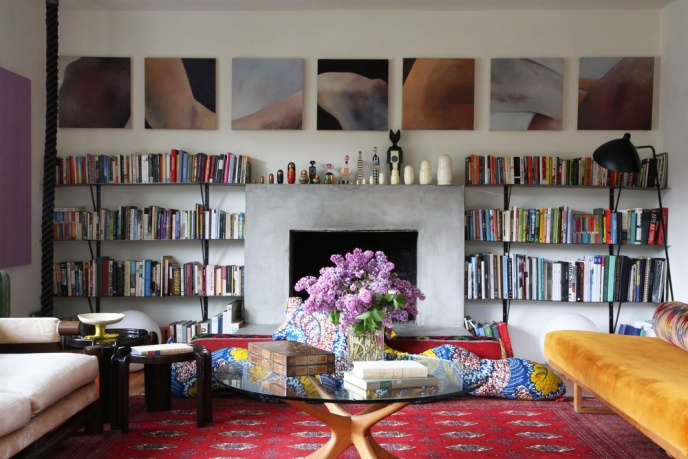 Silver Lake Living Room Work + Sea Los Angeles California Concrete Fireplace Bookshelf Rug Floating Mid Century coffee table